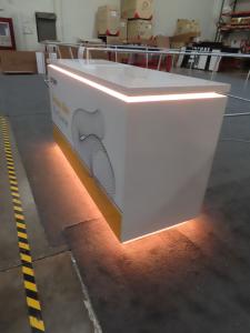 (2) MOD-1736 Custom Counters, (2) Custom Size Counters, and (1) MOD-1593 Counter all with Vinyl Graphics, RGB Programmable Lights, and Locking Storage -- View 2